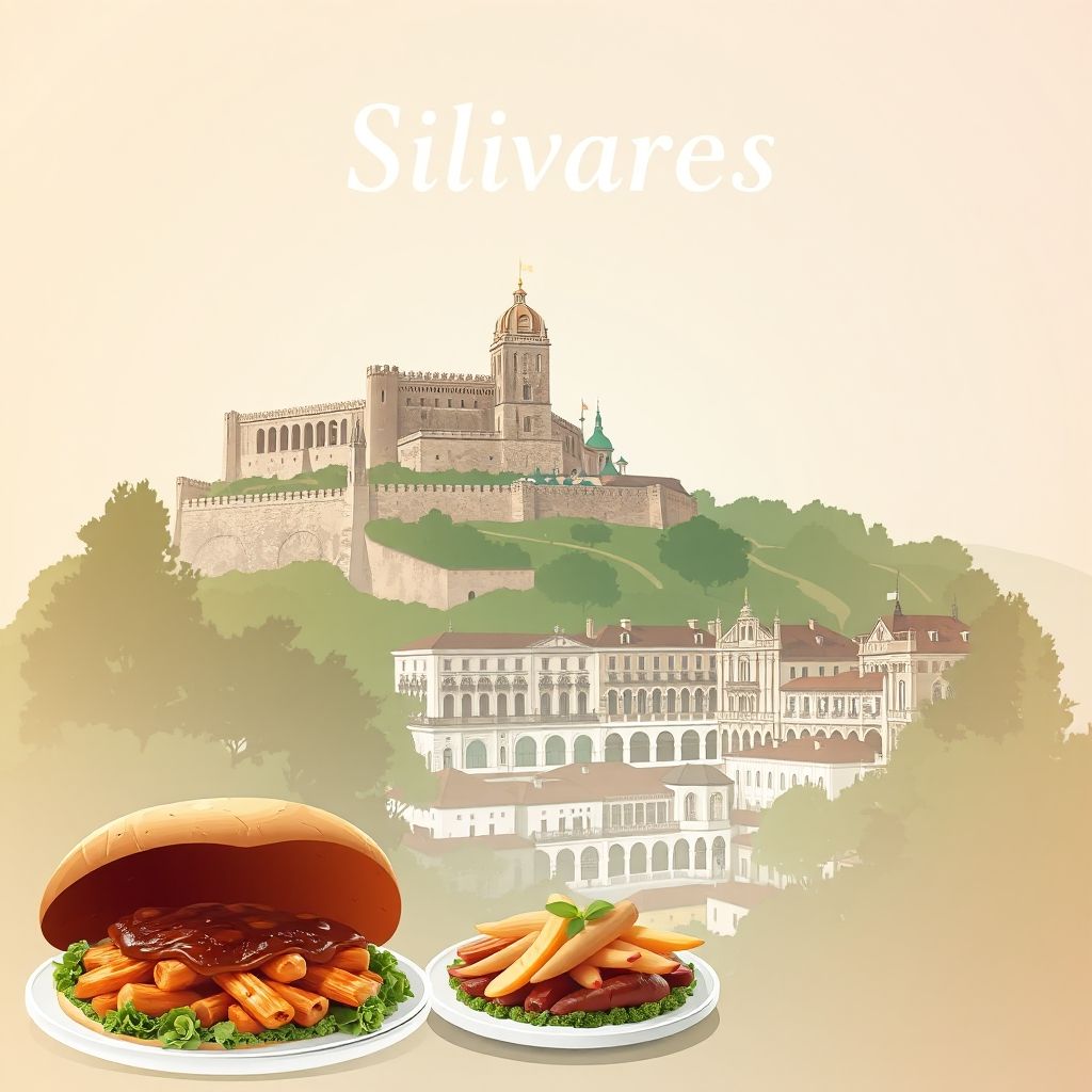 Ultra-high-definition gradient illustration of Silvares, Guimaraes, Braga, Portugal, featuring the Castle of Guimarães, historic city center, and local dish 'Francesinha'.
