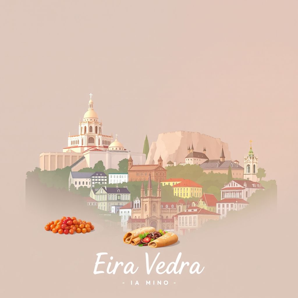 Ultra-high-definition gradient illustration of Eira Vedra, Vieira do Minho, Braga, Portugal, featuring Bom Jesus do Monte, the historic center of Braga, and Francesinha.