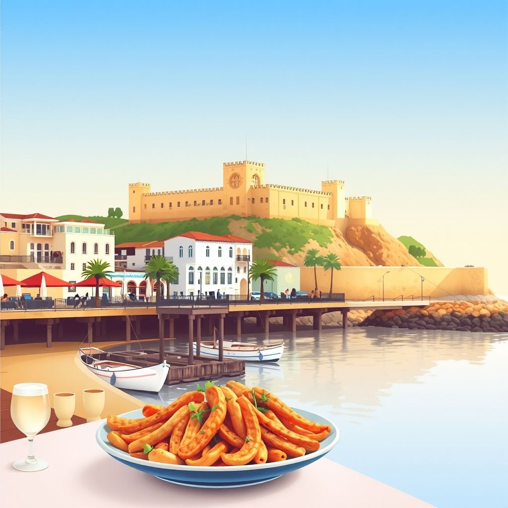 Ultra-high-definition gradient illustration of Alvor, Portugal, featuring the Alvor Boardwalk, the Castle of Alvor, and local cuisine Cataplana.