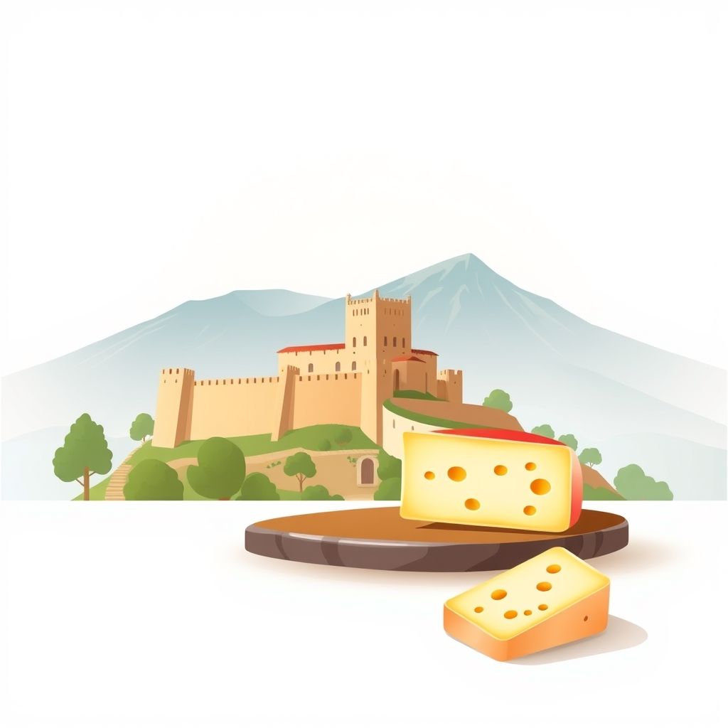 Gradient illustration of Carapito, Aguiar da Beira, Guarda, Portugal, featuring the Castle of Guarda, Serra da Estrela mountains, and Queijo Serra da Estrela cheese.