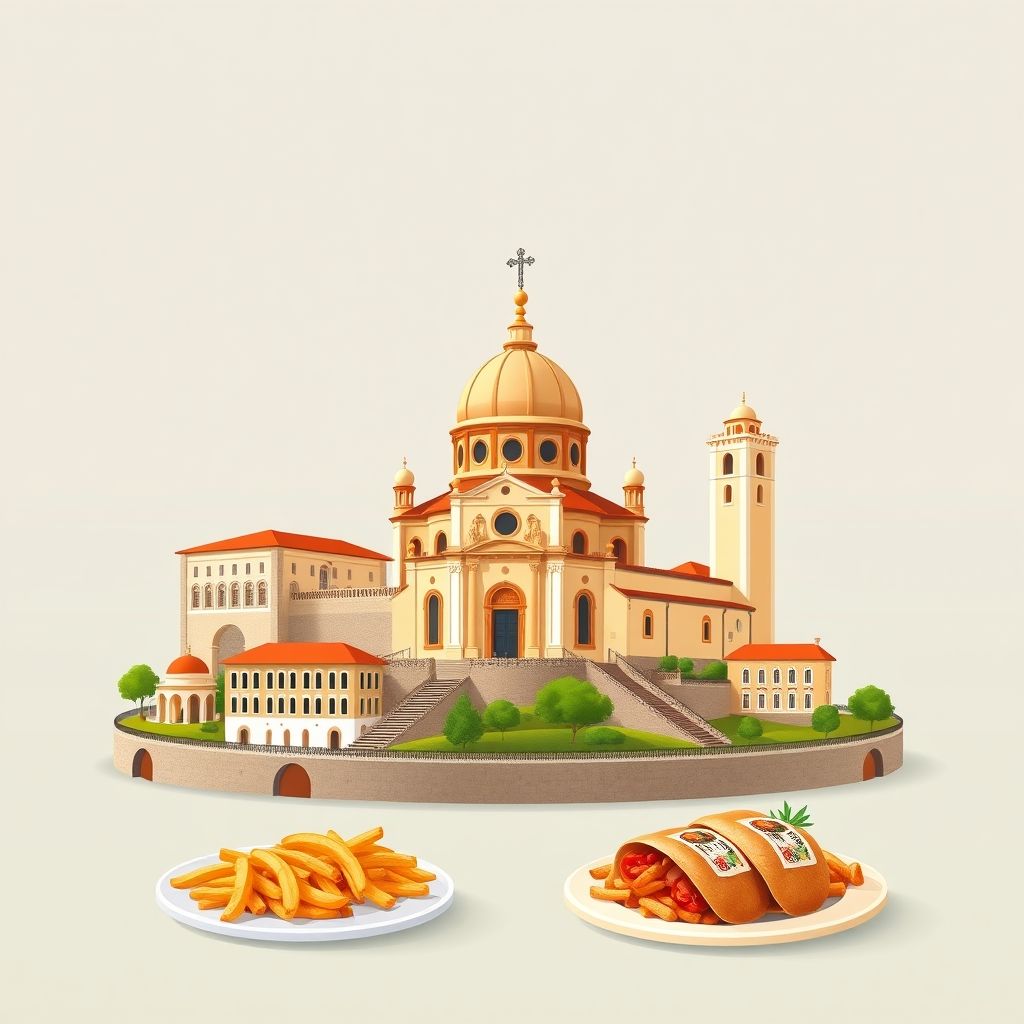 Ultra-high-definition gradient illustration of Galegos, Penafiel, Porto, Portugal, featuring the Sameiro Sanctuary and Tripas à Moda do Porto.