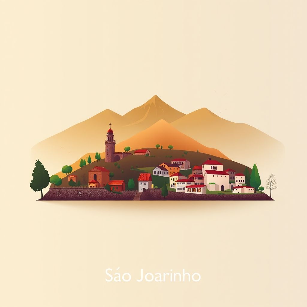 Gradient illustration of São Joaninho, Santa Comba Dão, Viseu, Portugal, featuring the Serra da Estrela mountain range, historic villages, and Serra da Estrela cheese.
