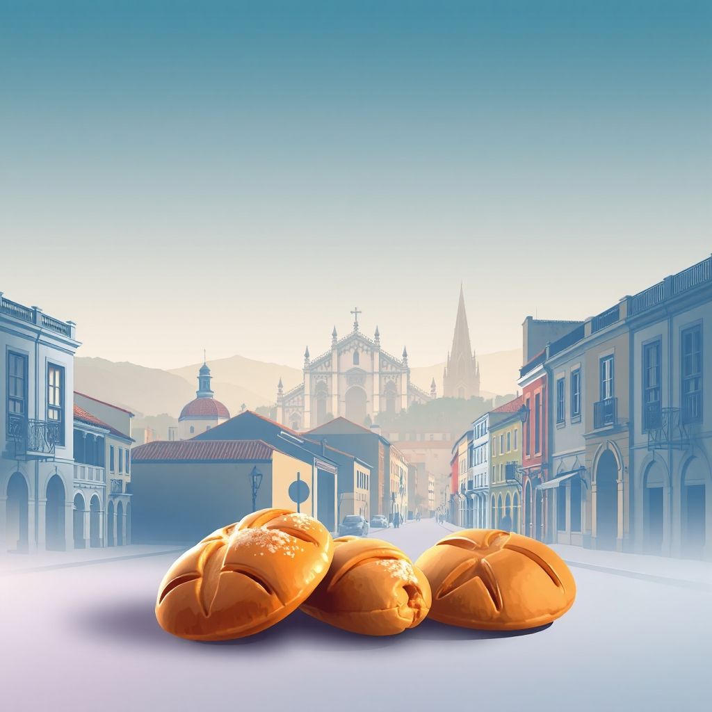 Ultra-high-definition gradient illustration of Calde, Viseu, Portugal, featuring the Viseu Cathedral, historic streets, and 'Viriatos' pastries.