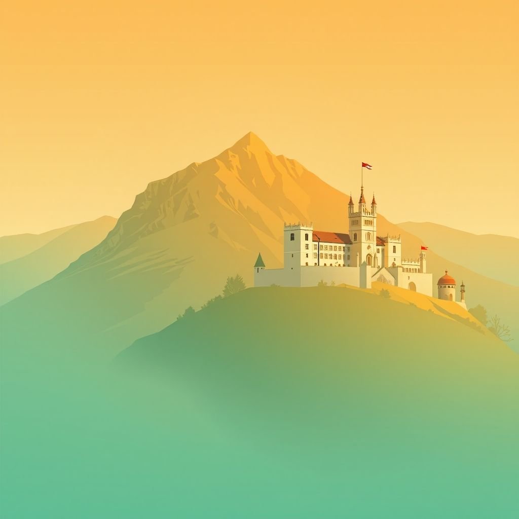 Ultra-high-definition gradient illustration of Maçal do Chão, Celorico da Beira, Guarda, Portugal, featuring Serra da Estrela mountains, Guarda Castle, azulejos, and Serra da Estrela cheese.
