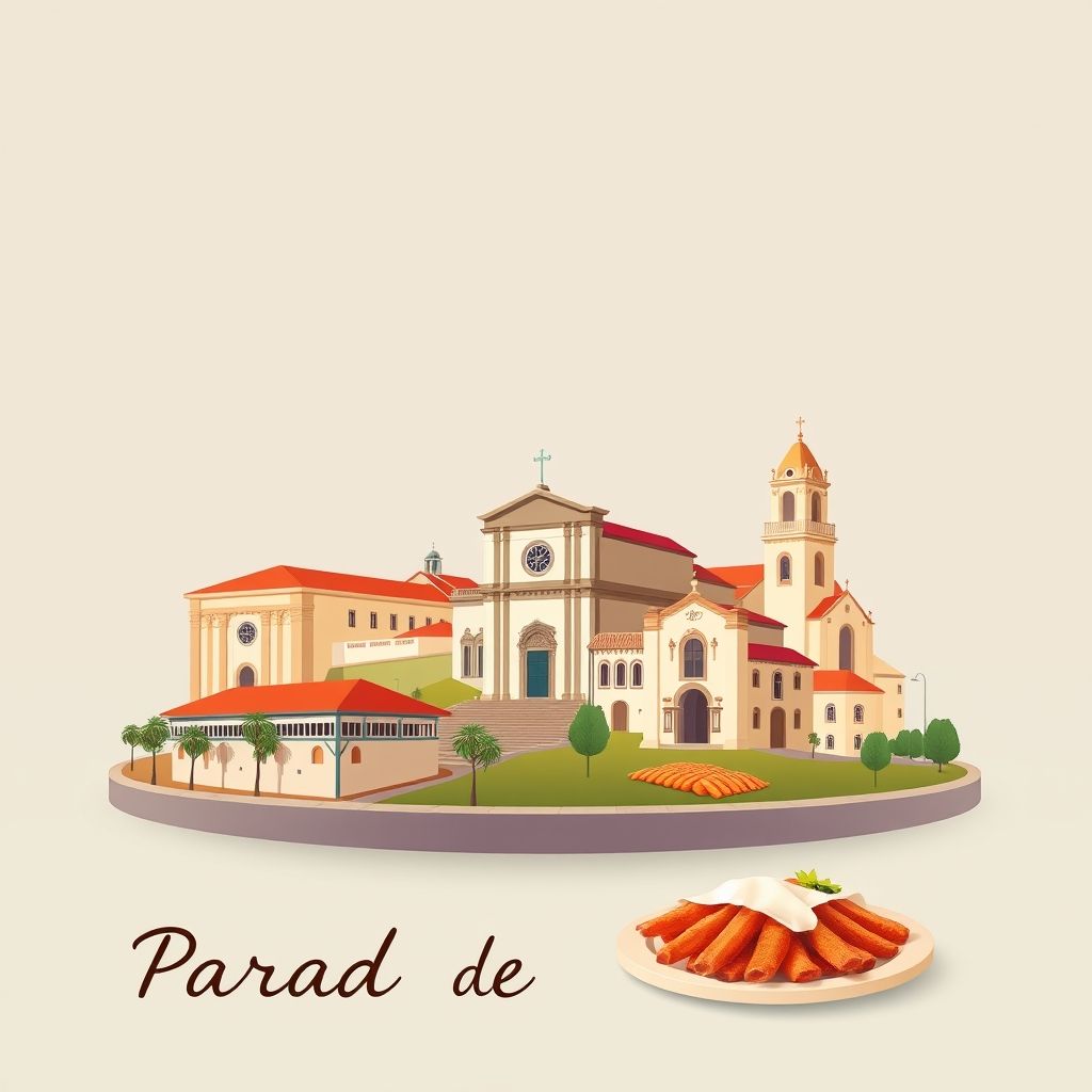 Ultra-high-definition gradient illustration of Parada de Todeia, featuring Paredes Town Hall, historic churches, and Tripas à Moda do Porto.