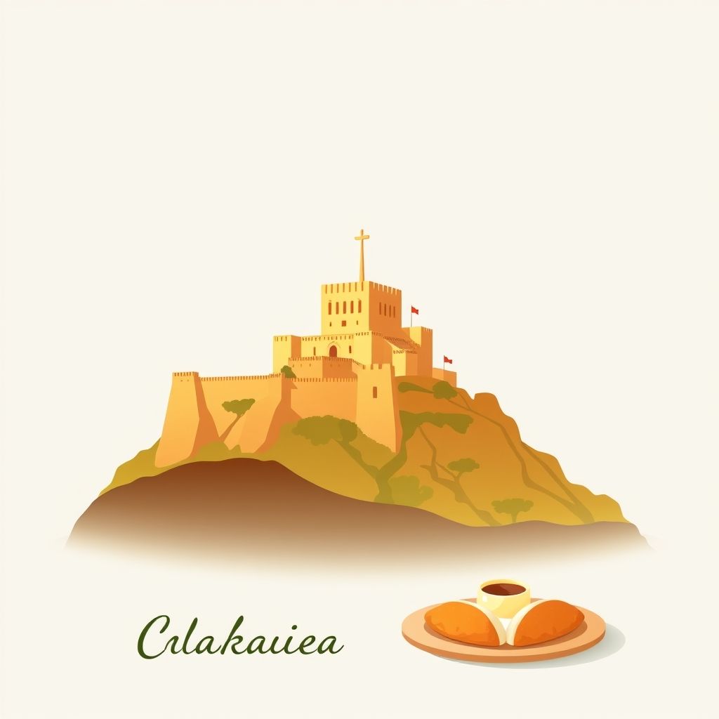 Gradient illustration of Calvaria de Cima, Porto de Mos, Leiria, Portugal, featuring the Castle of Leiria, Serra de Sicó, and Leitão de Negrais.