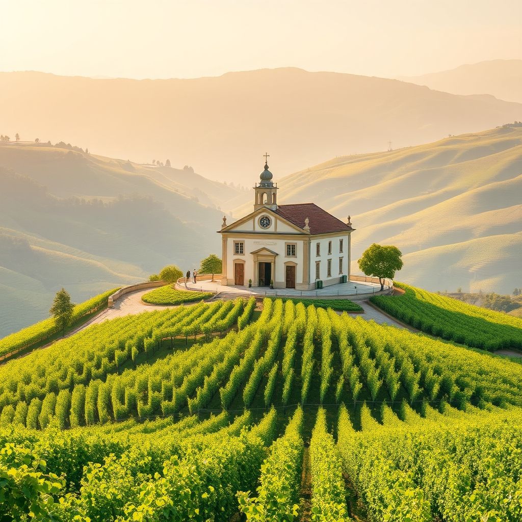 Ultra-high-definition gradient illustration of São Mamede de Ribatua featuring Alijo Church, Douro Valley vineyards, and Vinho Verde wine.