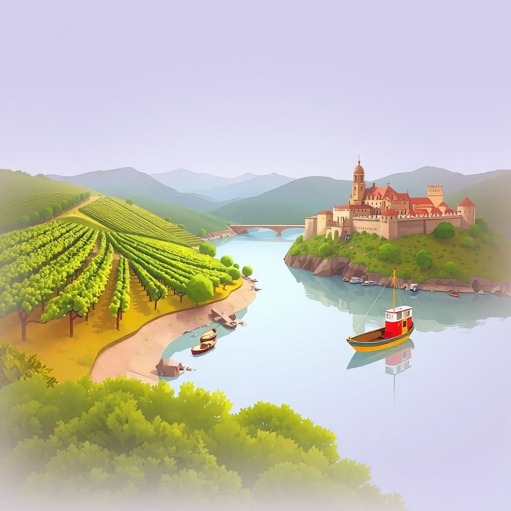 Ultra-high-definition gradient illustration of Covas do Douro, featuring vineyards, the Douro River, Sabrosa's historic castle, and Francesinha.
