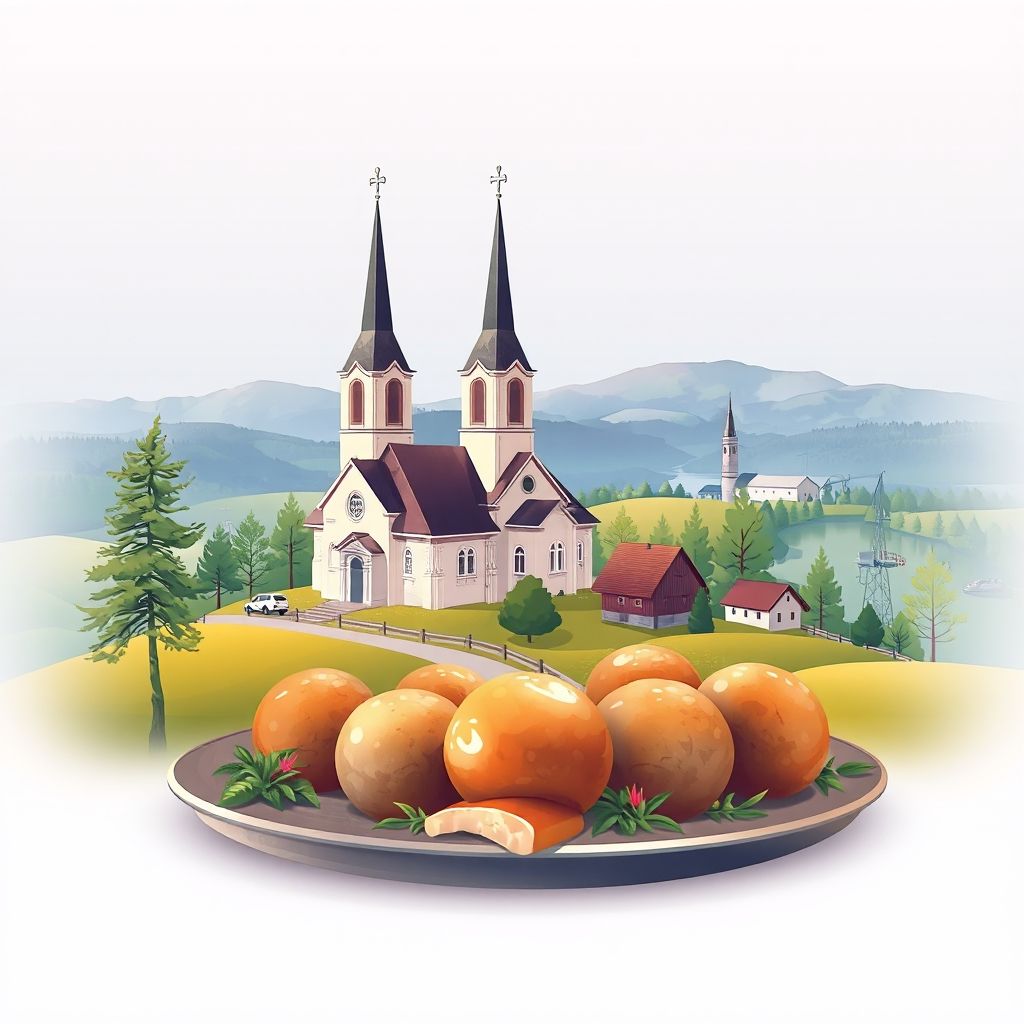 Ultra-high-definition gradient illustration of Staffanstorps Kommun, Skane, Sweden, featuring the Staffanstorp Church, countryside, and Swedish meatballs.