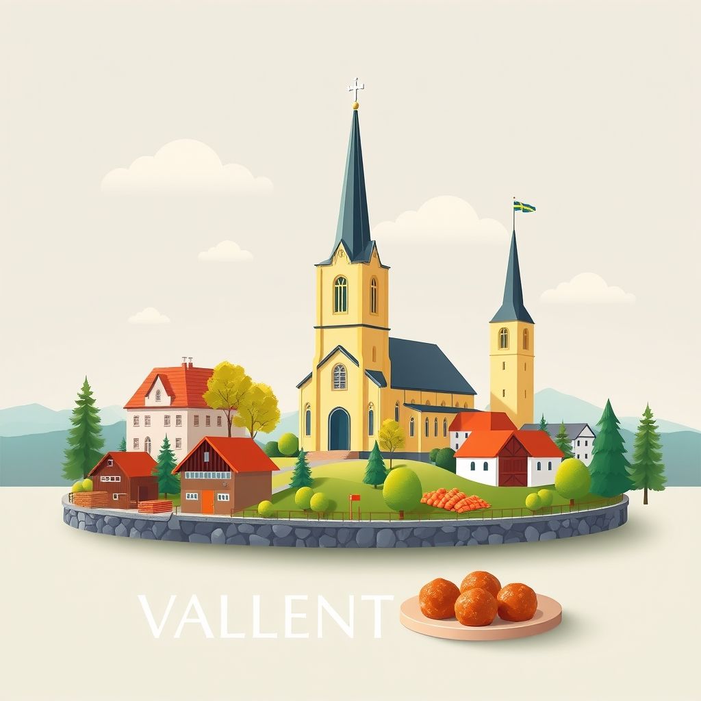 Ultra-high-definition gradient illustration of Vallentuna Kommun, Stockholm, Sweden, featuring Vallentuna Church, Vallentuna Nature Reserve, and traditional Swedish meatballs.