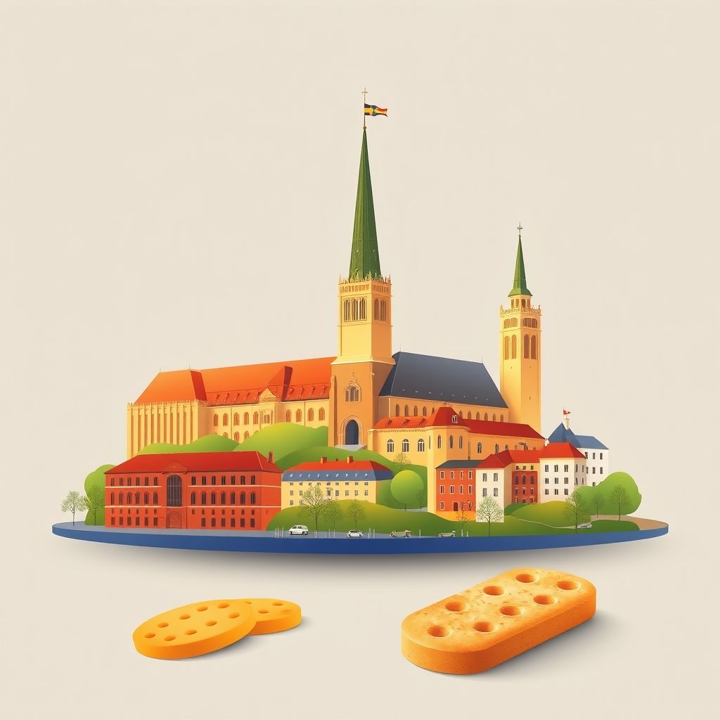Ultra-high-definition gradient illustration of Uppsala, Sweden, featuring Uppsala Cathedral, Uppsala Castle, and local crispbread.
