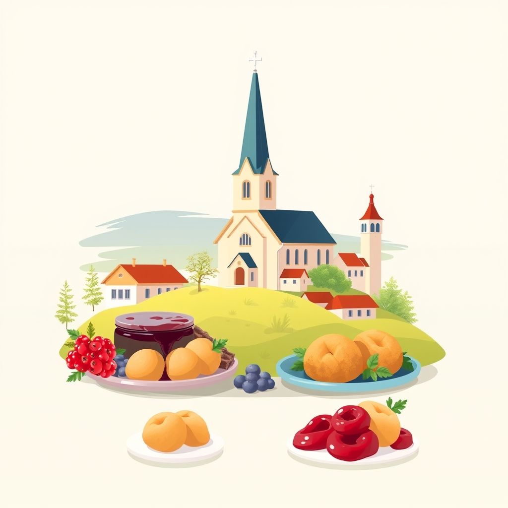 Gradient illustration of Klippan, Sweden, featuring the Klippan Church, Skane landscapes, and local specialties like Swedish meatballs and lingonberry jam.