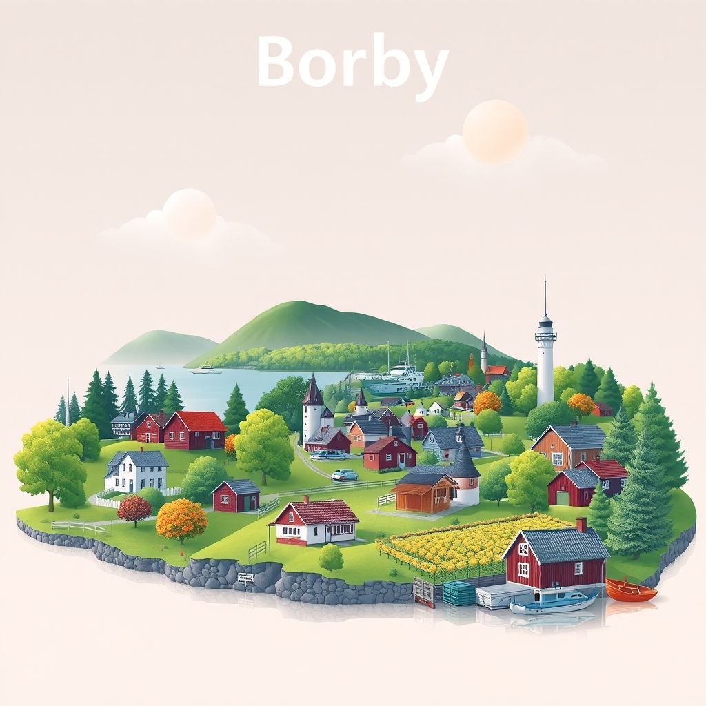 Ultra-high-definition gradient illustration of Borrby-Östra Hoby, featuring Stenshuvud National Park, Simrishamn Harbor, traditional cottages, apple orchards, and Swedish meatballs.