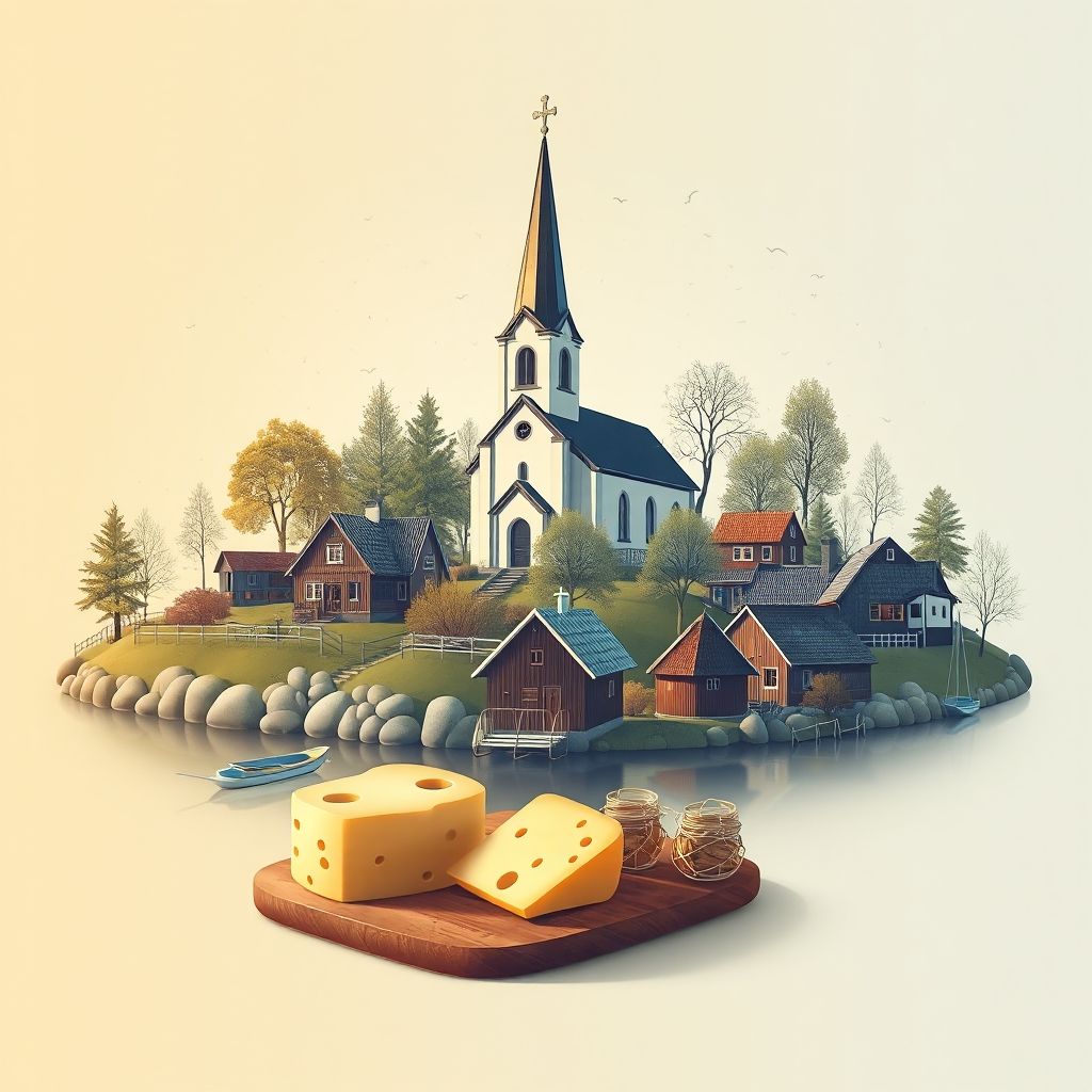Ultra-high-definition gradient illustration of Eksjö, featuring Eksjö Church, historic wooden houses, and Västerbottensost cheese.