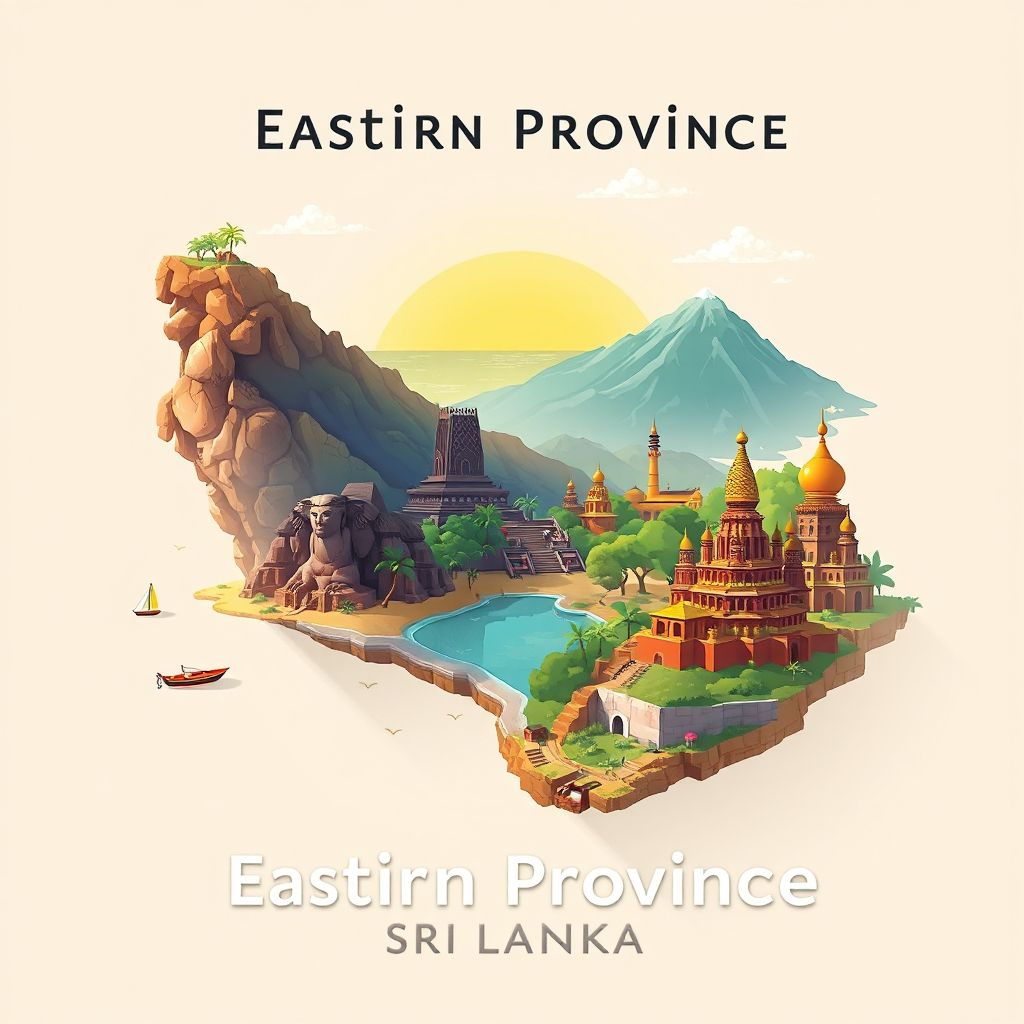 Ultra-high-definition gradient illustration style Eastern Province, Sri Lanka illustration, featuring Arugam Bay, Polonnaruwa, and Gal Vihara.