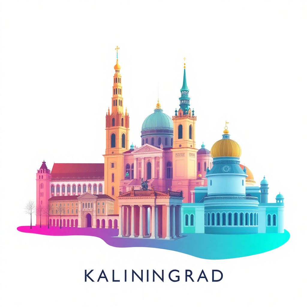 Ultra-high-definition gradient illustration style Kaliningrad illustration, showing the unique charm of Königsberg Cathedral, the Brandenburg Gate, and the Amber Museum.