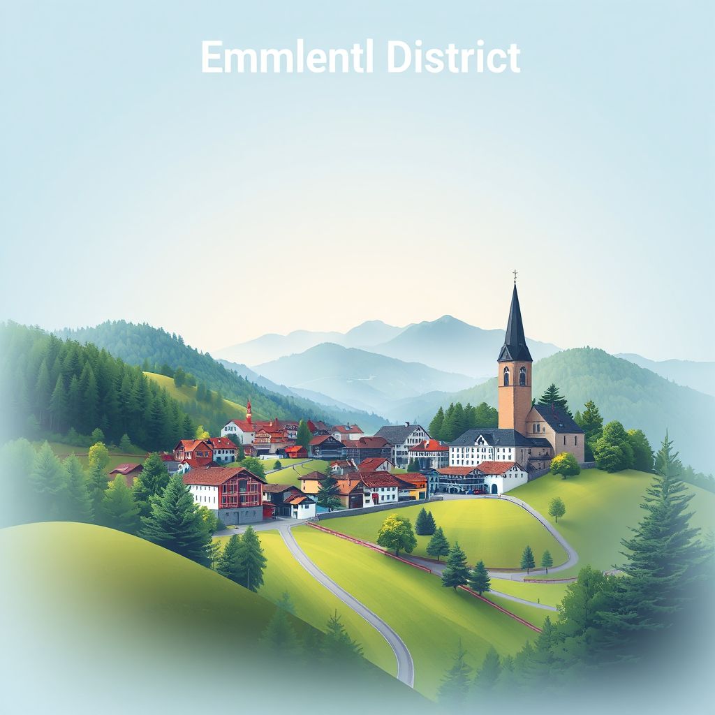 Ultra-high-definition gradient illustration style Emmental District illustration, showing the unique charm of the Emmental Valley, the Emmental Cheese Factory, and the surrounding lush green hills.