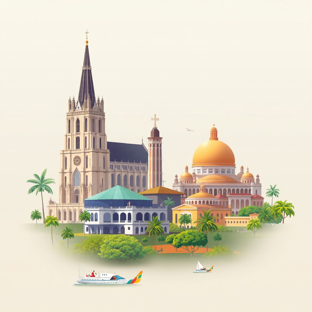 Ultra-high-definition gradient illustration style Kinshasa illustration, showing the unique charm of the Kinshasa Cathedral, the National Museum of the Democratic Republic of the Congo, and the Congo River.
