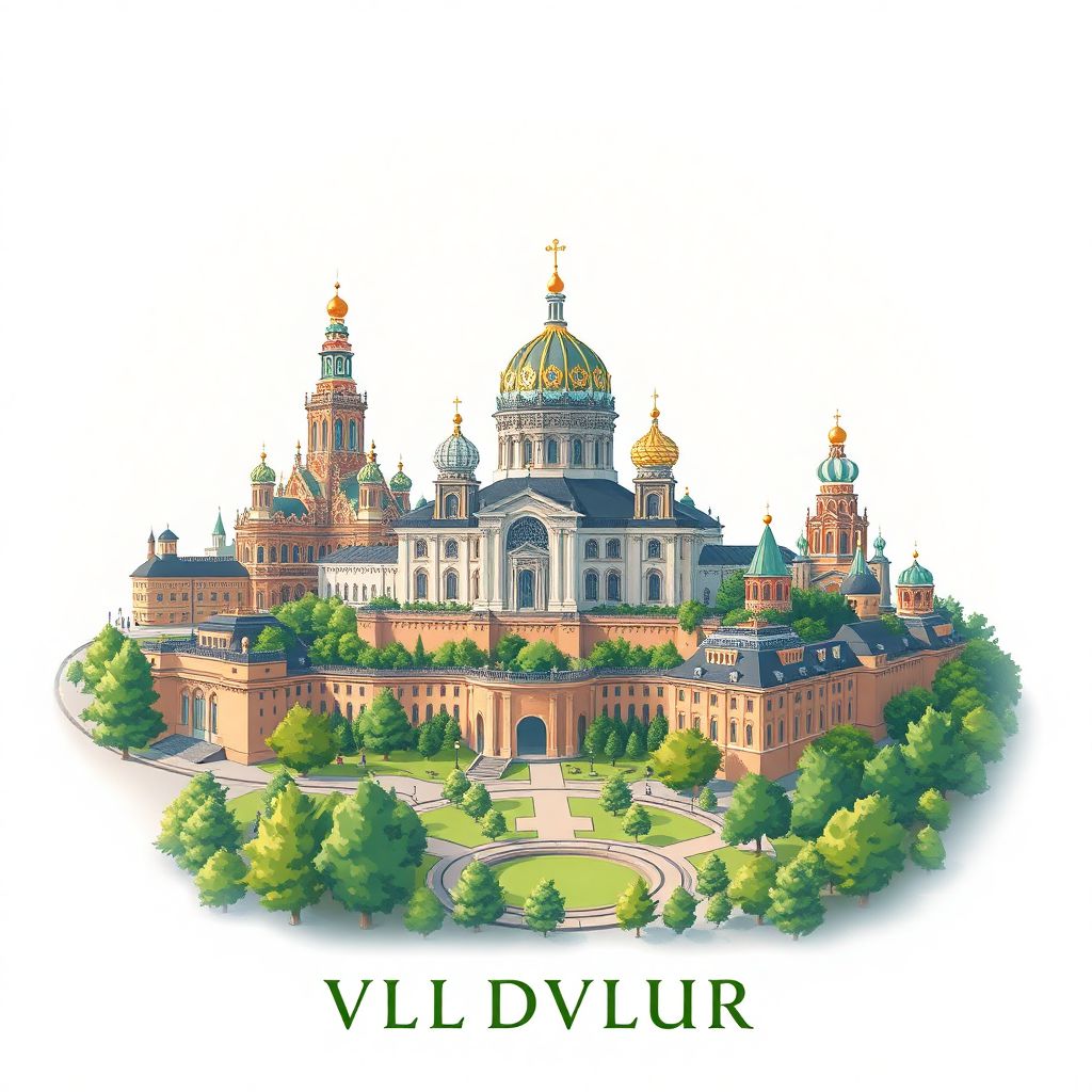 Ultra-high-definition gradient illustration style Vladimir illustration, showing the unique charm of the Golden Gate, the Assumption Cathedral, and the Vladimir Central Park.
