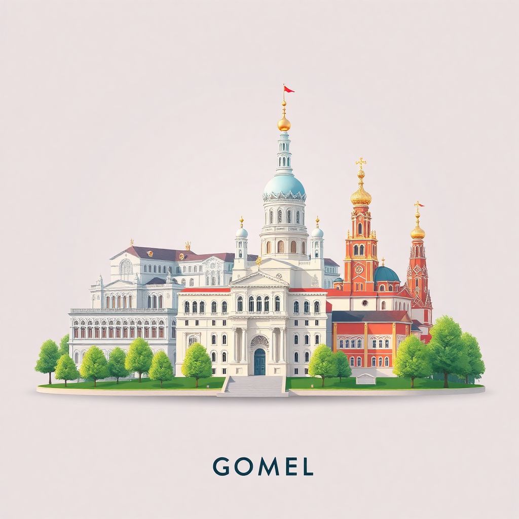 Ultra-high-definition gradient illustration style Gomel illustration, showing the unique charm of the Palace of the Rumyantsevs and the Paskeviches, the Gomel Palace and Park Ensemble.