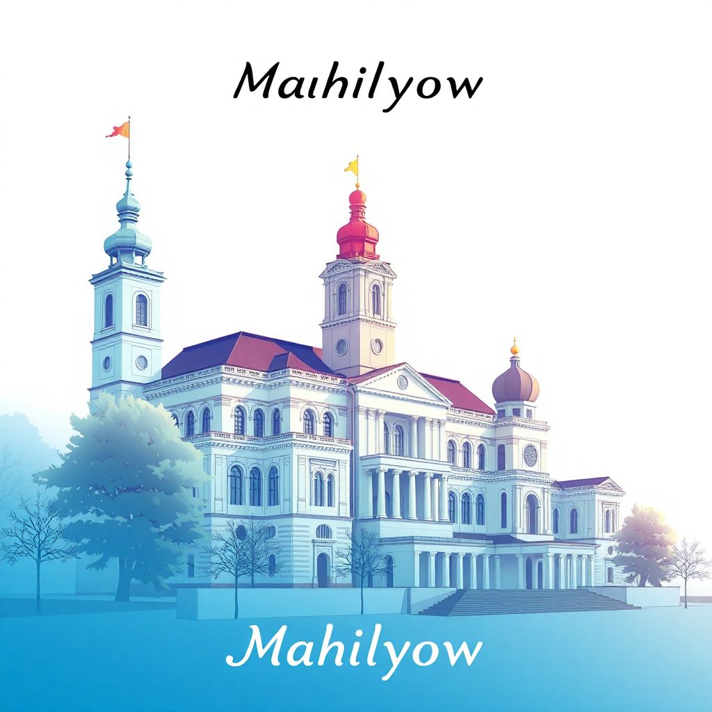 Ultra-high-definition gradient illustration style Mahilyow artwork, featuring the Mahilyow City Hall and the Mahilyow History Museum.