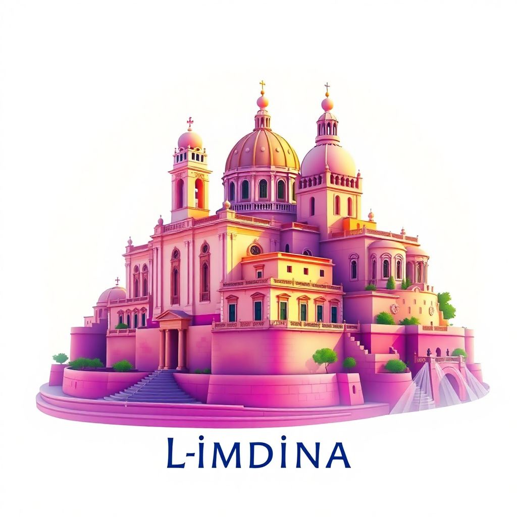 Ultra-high-definition gradient illustration of L-Imdina, Malta, featuring St. Paul's Cathedral and Palazzo Falson.