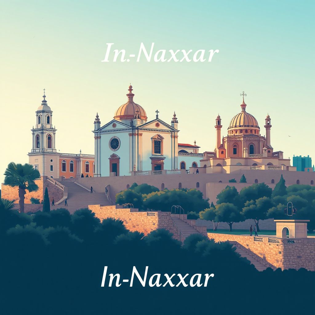 Ultra-high-definition gradient illustration style In-Naxxar illustration, showing the unique charm of the Parish Church of Naxxar and the Palazzo Parisio.