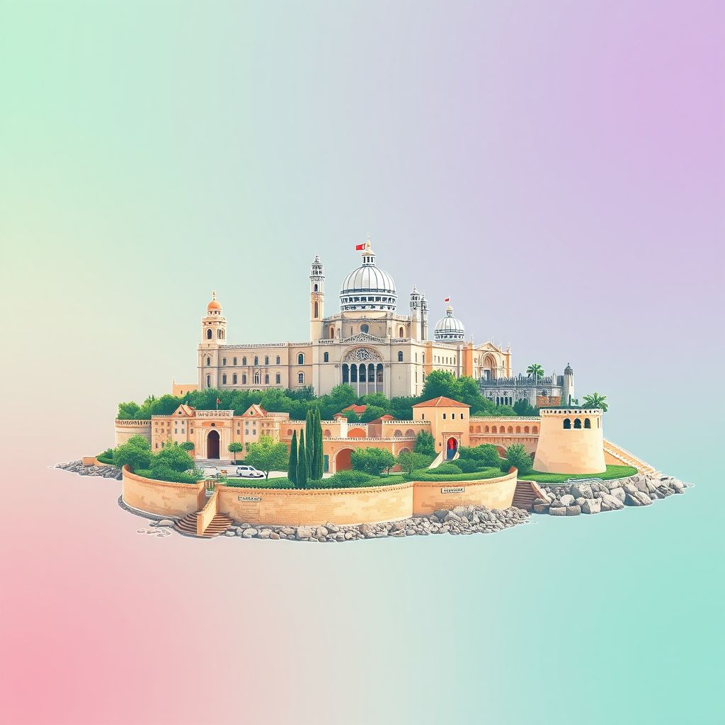 Ultra-high-definition gradient illustration style Pembroke, Malta illustration, featuring the Verdala Palace and Pembroke Gardens.
