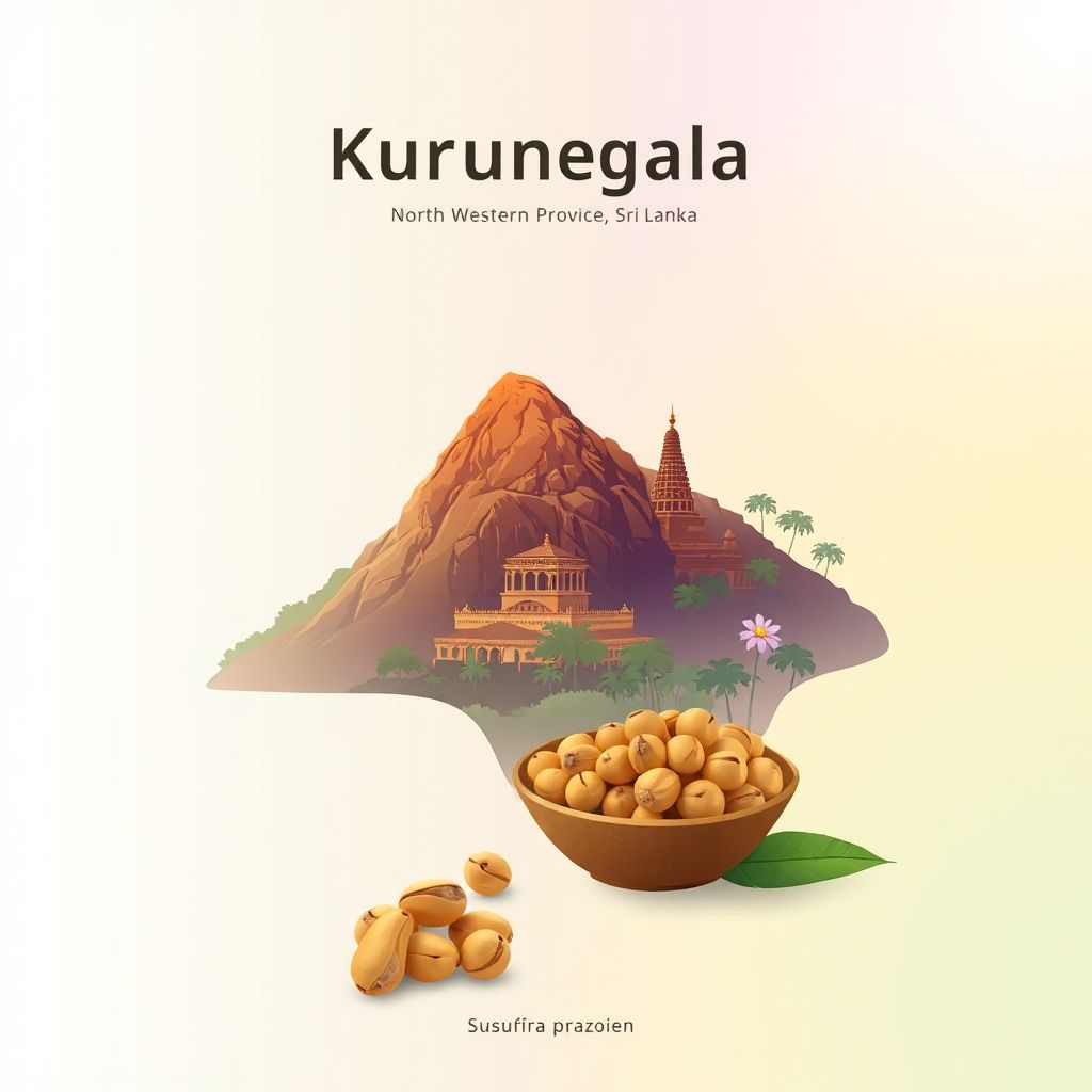 Ultra-high-definition gradient illustration of Kurunegala District, highlighting Kurunegala Rock, Rankoth Vihara, and cashew nuts.