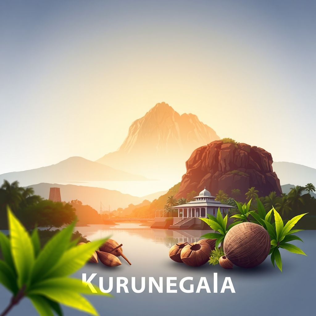 Ultra-high-definition gradient illustration of Kurunegala District, featuring Kurunegala Rock, Rankoth Viharaya temple, Ibbankatuwa Megalithic Tombs, Kurunegala Lake, and local cashew nuts.
