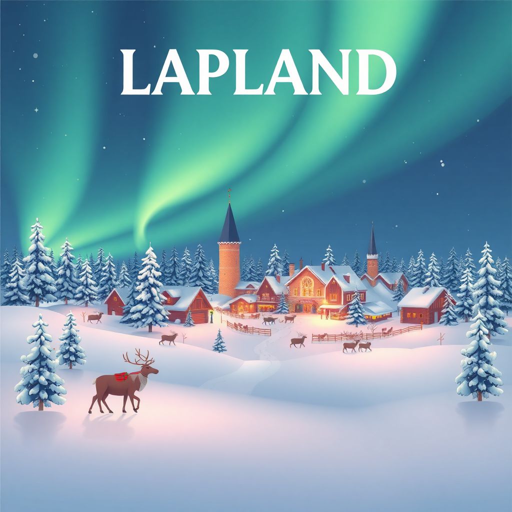 Ultra-high-definition gradient illustration of Lapland, Finland, featuring the Northern Lights, reindeer, and the Santa Claus Village.