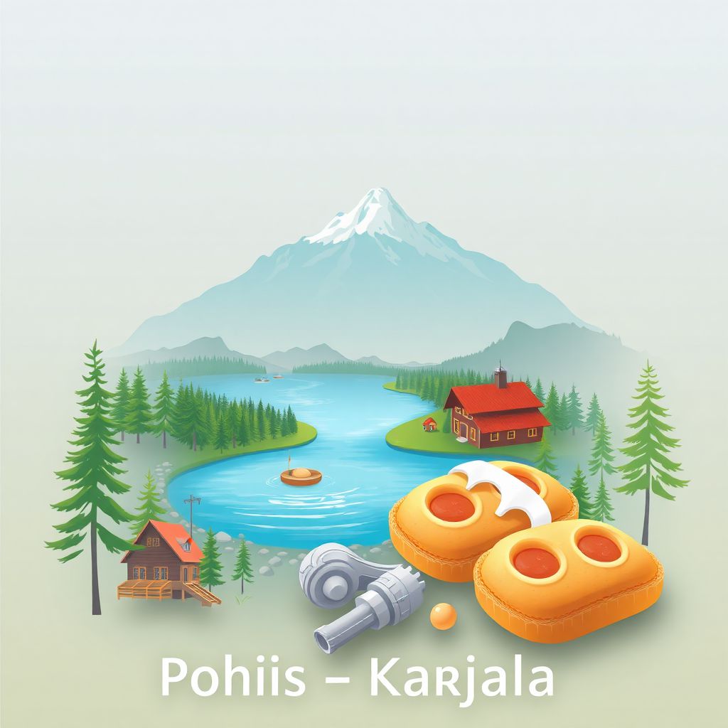 Ultra-high-definition gradient illustration of Pohjois-Karjala, North Karelia, Finland, featuring Koli National Park, Pielinen Lake, and traditional Karelian pastries.