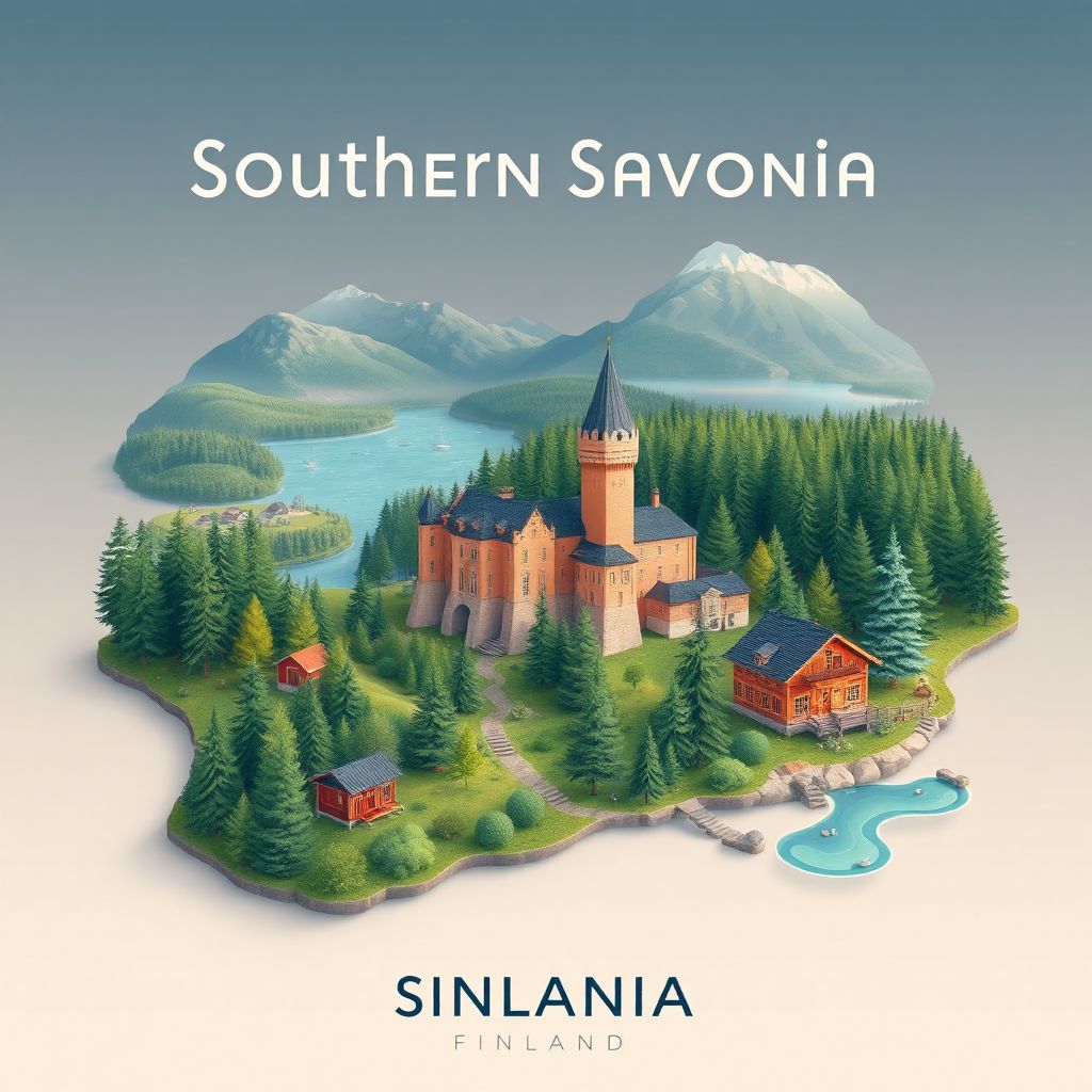 Ultra-high-definition gradient illustration of Southern Savonia, South Savo, Finland, featuring lakes, forests, Olavinlinna Castle, and Finnish saunas.