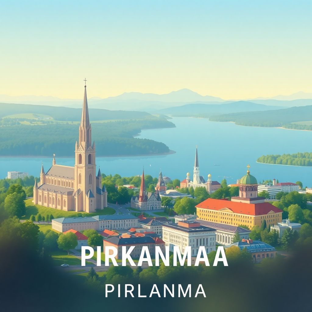 Ultra-high-definition gradient illustration of Pirkanmaa, Finland, featuring the Tampere Cathedral, Pyynikki Observation Tower, and Lake Näsijärvi.