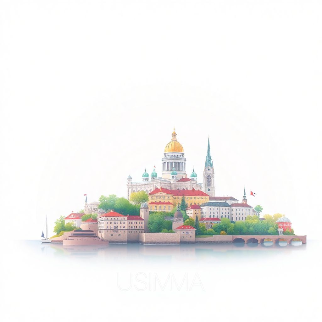 Ultra-high-definition gradient illustration style Uusimaa illustration, featuring the Suomenlinna Sea Fortress and the Helsinki Cathedral.