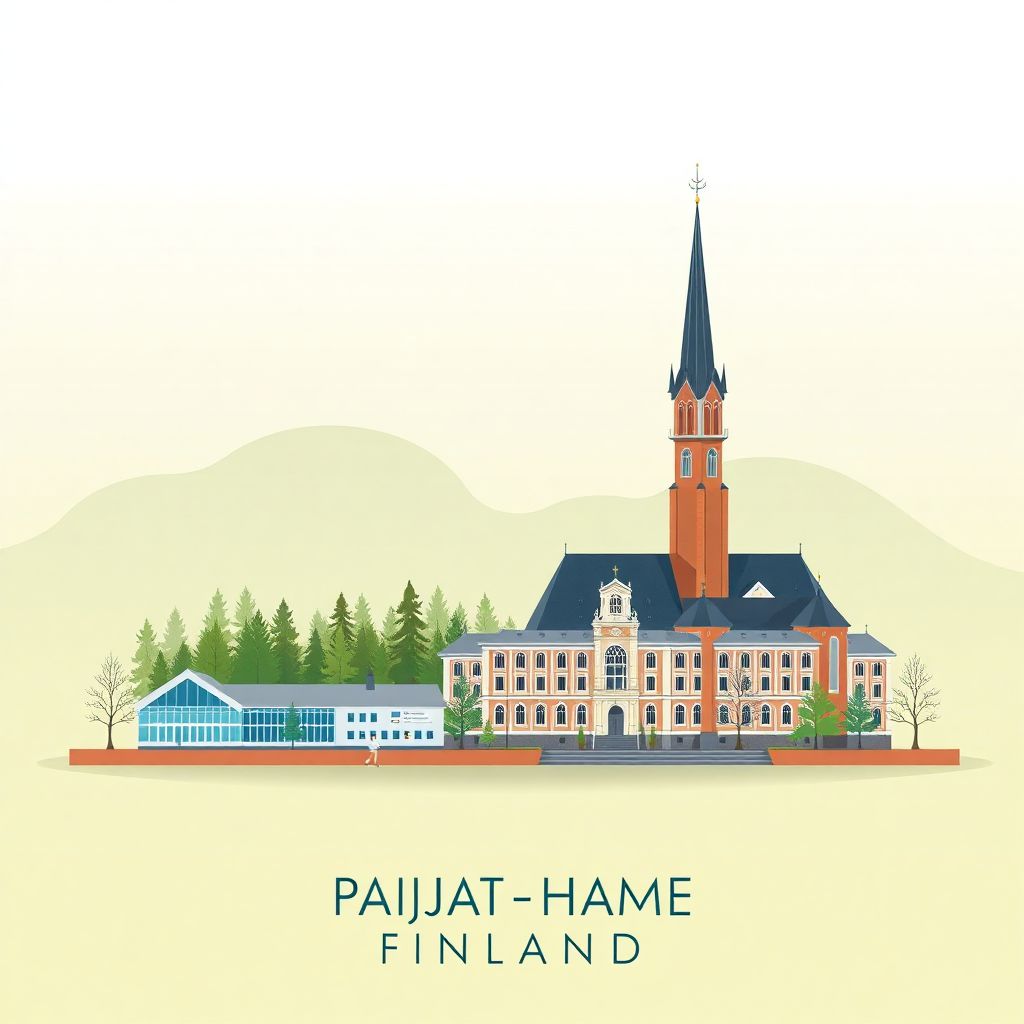 Ultra-high-definition gradient illustration of Paijat-Hame Region, Paijat-Hame, Finland, featuring the Lahti Ski Museum and the Lahti City Hall.