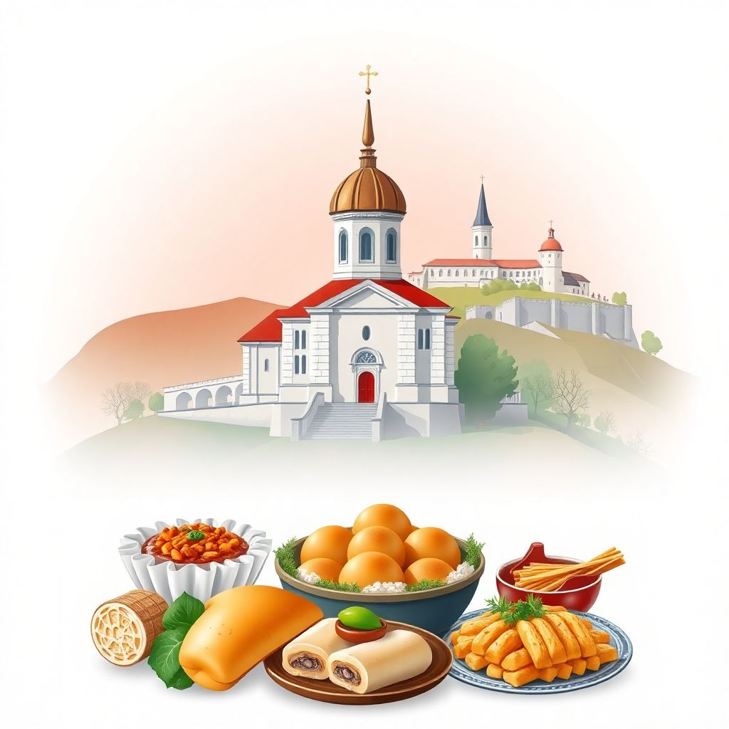 Ultra-high-definition gradient illustration style Kosovo illustration, featuring the Gračanica Monastery and Pristina Fortress