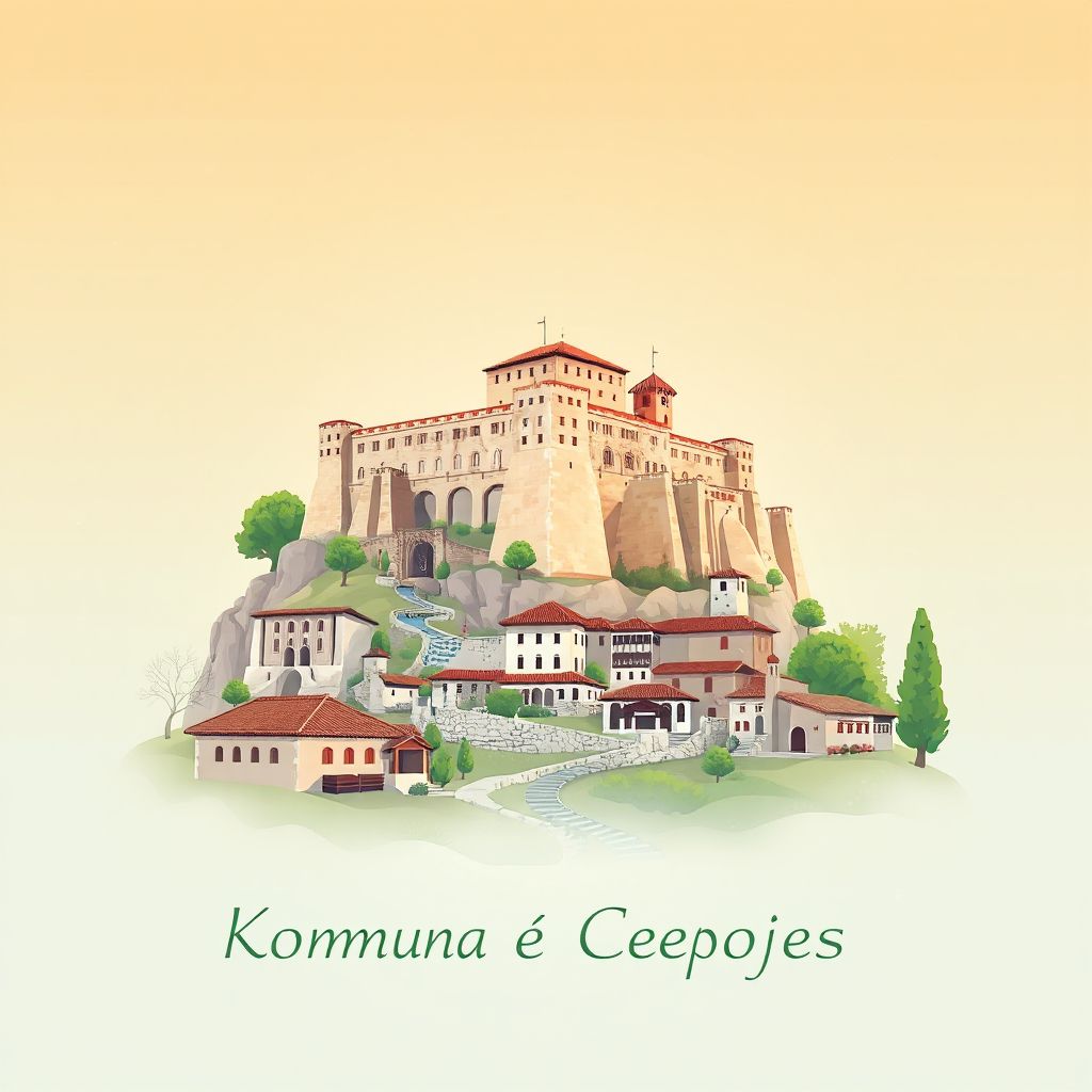 Ultra-high-definition gradient illustration style Komuna e Cepojes illustration, showing the unique charm of Gjirokaster Castle and traditional stone houses.