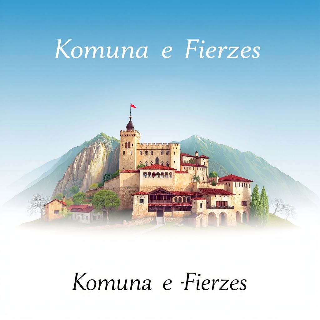 Ultra-high-definition gradient illustration style image of Komuna e Fierzes, featuring the Tropoja Castle and Valbona Valley.