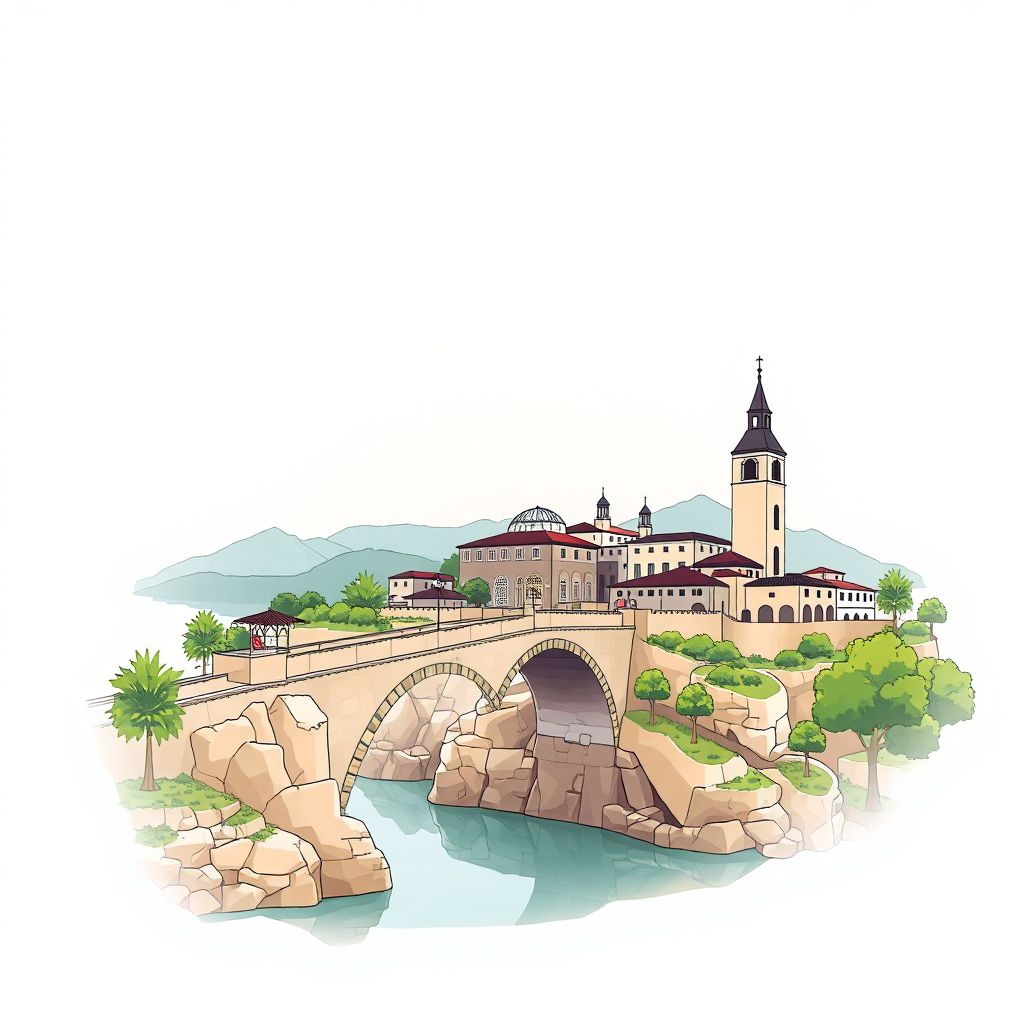 Ultra-high-definition gradient illustration style Komuna e Bytycit illustration, showing the unique charm of the Bytycit Bridge and natural landscapes.