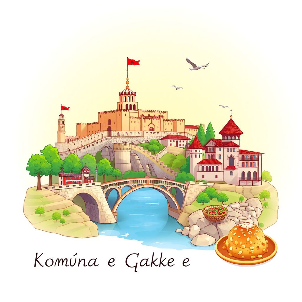 Ultra-high-definition gradient illustration style Komuna e Qafa e Malit illustration, showing the unique charm of the Rozafa Castle, the Mesi Bridge, and traditional Albanian cuisine.