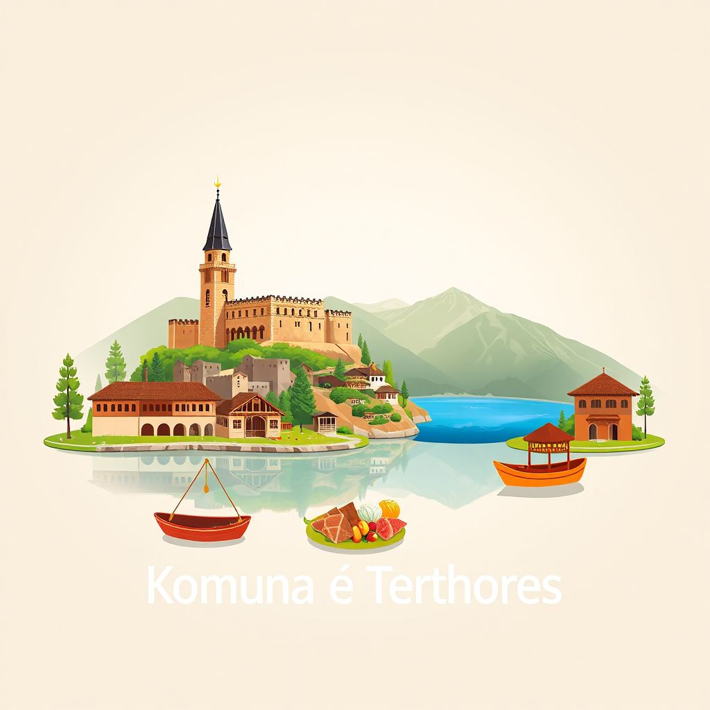 Ultra-high-definition gradient illustration style Komuna e Terthores illustration, showing the unique charm of the Kukes Castle, Kukes Lake, and traditional Albanian dishes.