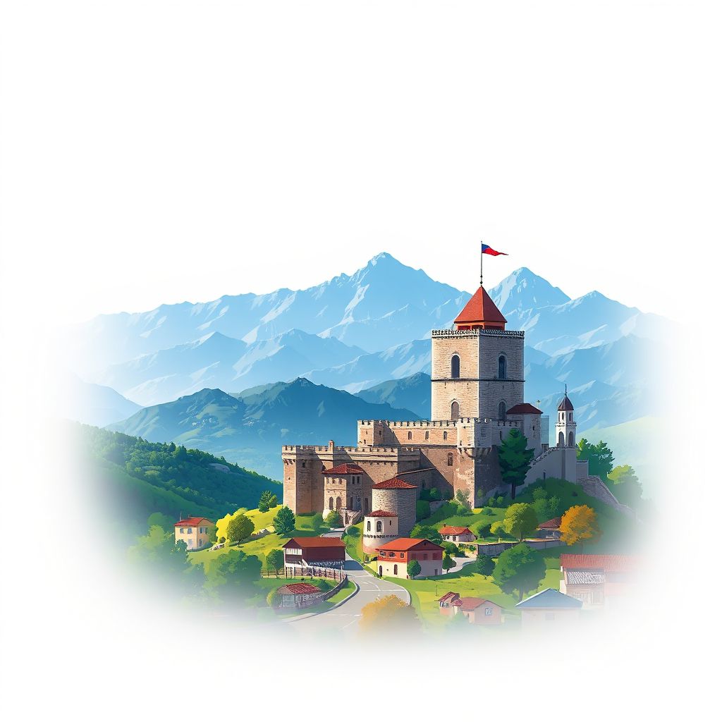 Ultra-high-definition gradient illustration style Komuna e Lisit illustration, showing the unique charm of the Diber Castle and the Dibër Mountains.
