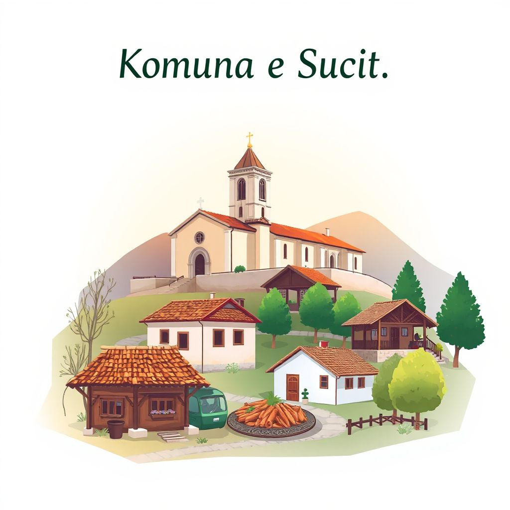 Ultra-high-definition gradient illustration style Komuna e Sucit illustration, showing the unique charm of the Church of St. Anthony of Padua and traditional Albanian village houses.