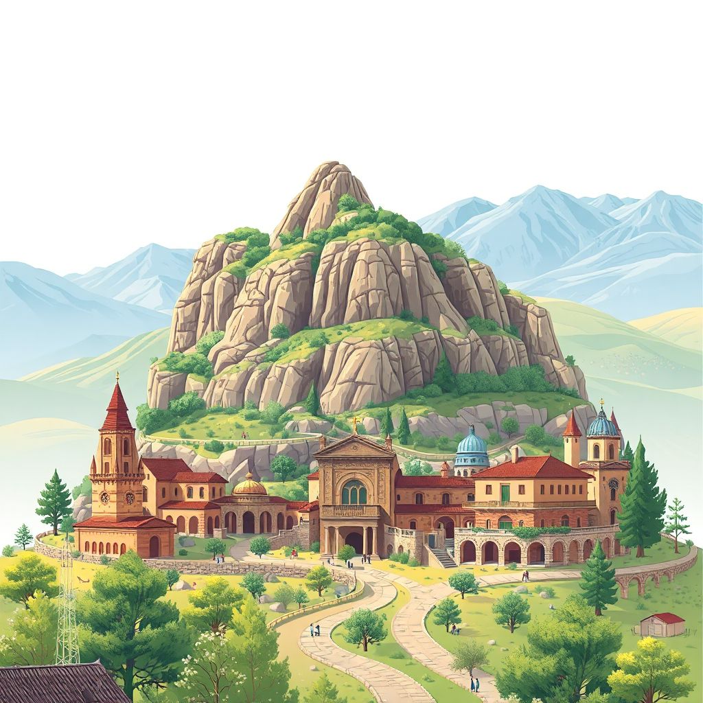 Ultra-high-definition gradient illustration style Komuna e Fushe Bulqizes illustration, showing the unique charm of the Bulqize Mine and the beautiful landscapes of the Diber County.