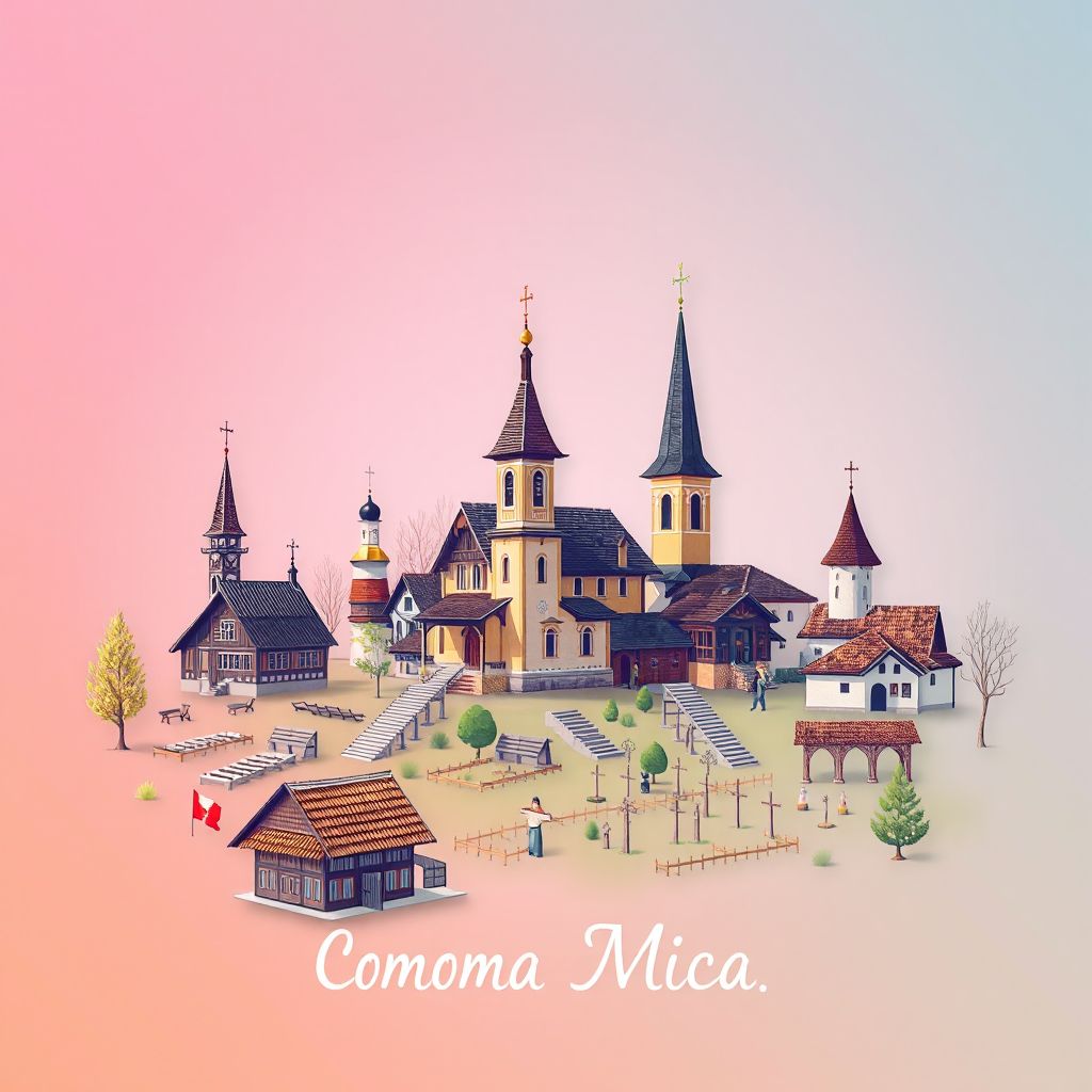 Ultra-high-definition gradient illustration style Comuna Vima Mica illustration, showing the unique charm of the Wooden Churches of Maramures, the Merry Cemetery, and traditional Romanian cuisine.