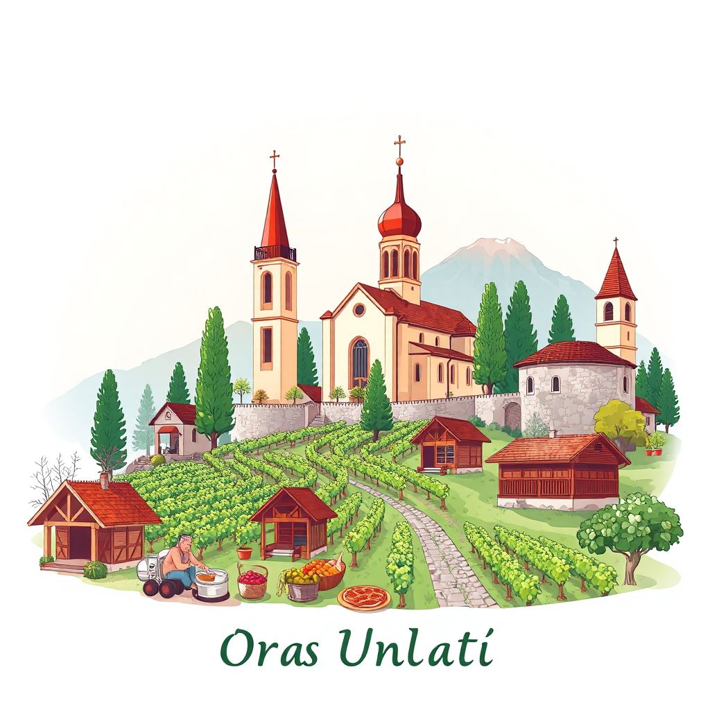 Ultra-high-definition gradient illustration style Oras Urlati illustration, showing the unique charm of the Church of the Holy Trinity, local vineyards, and traditional Romanian dishes.
