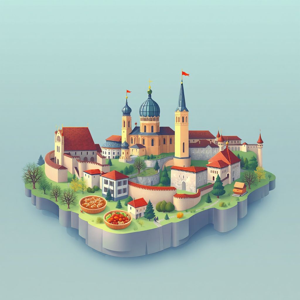 Ultra-high-definition gradient illustration style Municipiul Suceava illustration, showing the unique charm of the St. John the New Monastery, the Suceava Fortress.