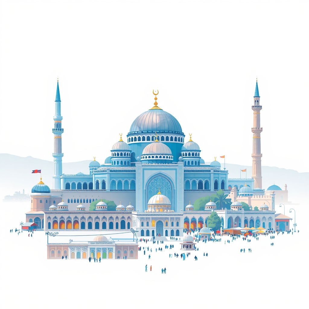 Ultra-high-definition gradient illustration style Mazar-e Sharif illustration, showing the unique charm of the Blue Mosque, the Shrine of Hazrat Ali, and the bustling bazaars.