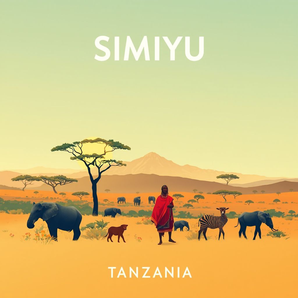 High-definition gradient illustration of Simiyu Region, Simiyu, Tanzania, featuring Serengeti National Park and Maasai tribe attire.
